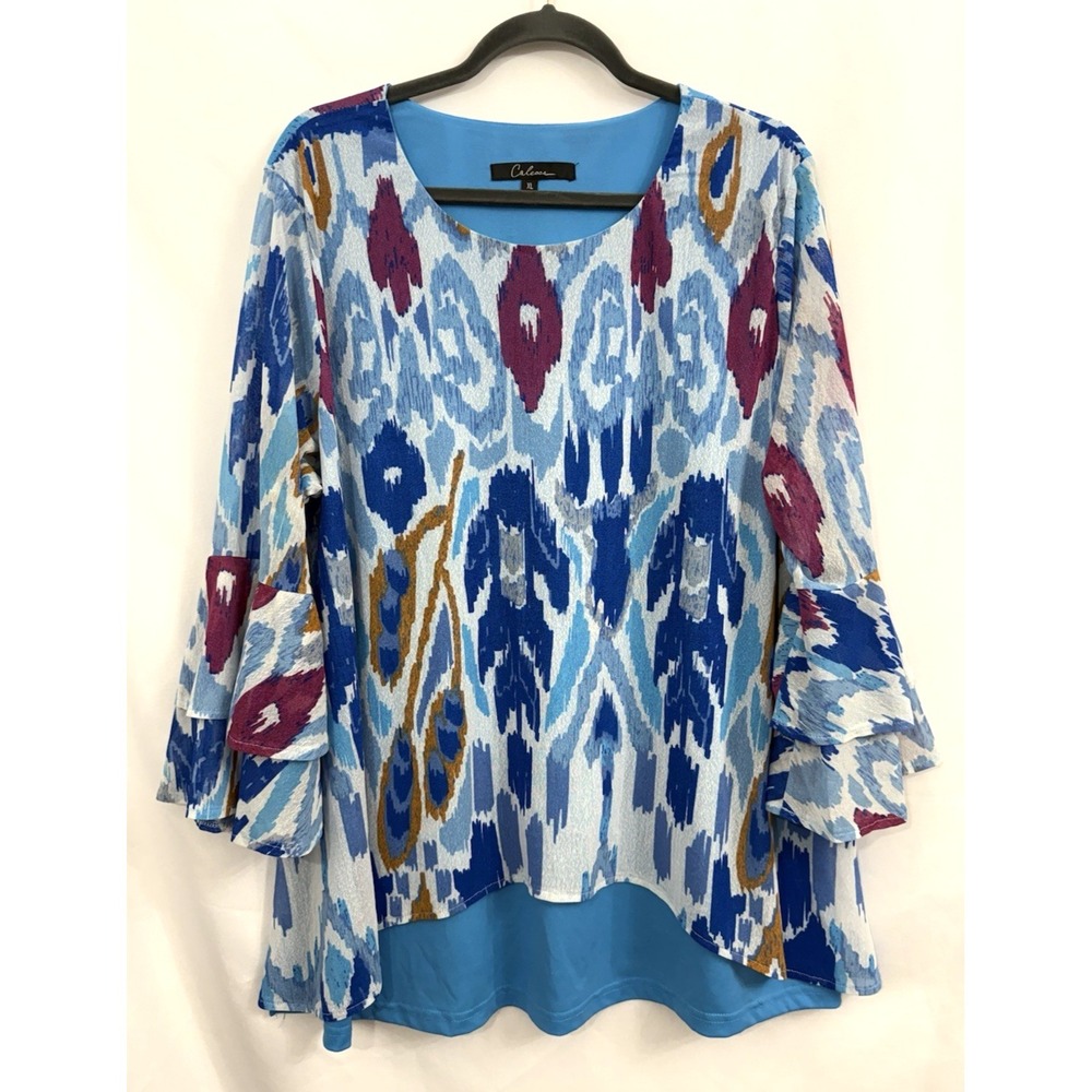 Calessa Blue Ikat Abstract Tiered Bell Sleeve Layered Tunic Blouse Womens XL